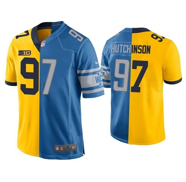 Men's Lions #97 Aidan Hutchinson Yellow Blue Split Stitched Game Jersey Men's Lions #97 Aidan Hutchinson Yellow Blue Split Stitched Game Jersey